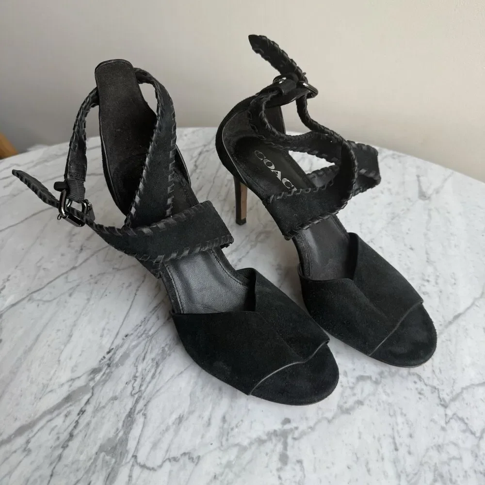 Coach Women's Henny Sandal Ankle Strap Heel Open Toe Black Suede Dressy 6 B